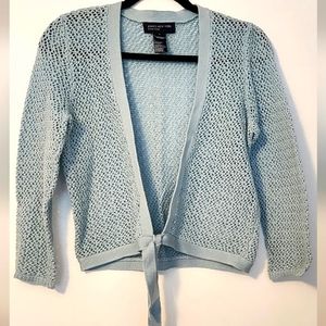 Jones New York Signature open-weave tie-bottom cropped aqua cardigan sweater